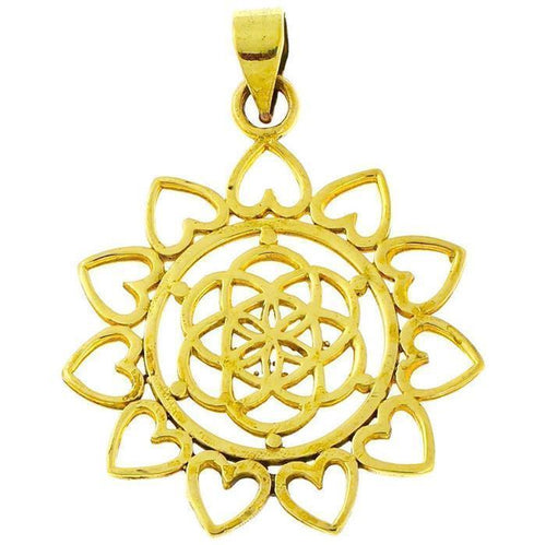 Messing Anhänger Blume des Lebens Herz Rand rund antik golden Kette nickelfrei Tribal flower of life - chic - net.de