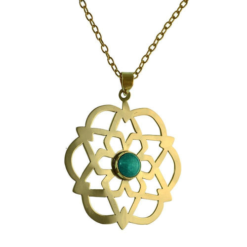 Messing Anhänger golden grüner Onyx Stein Inlay rund Stern Blume Blüte Muster antik - chic - net.de