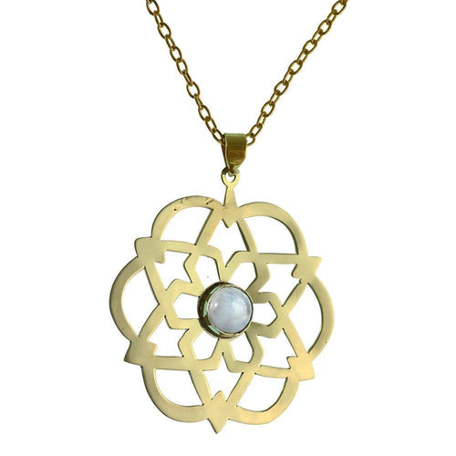 Messing Anhänger golden Mondstein Stein Inlay rund Stern Blume Blüte Muster antik - chic - net.de