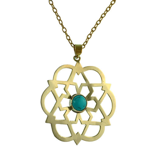 Messing Anhänger golden Türkis Stein Inlay rund Stern Blume Blüte Muster antik - chic - net.de