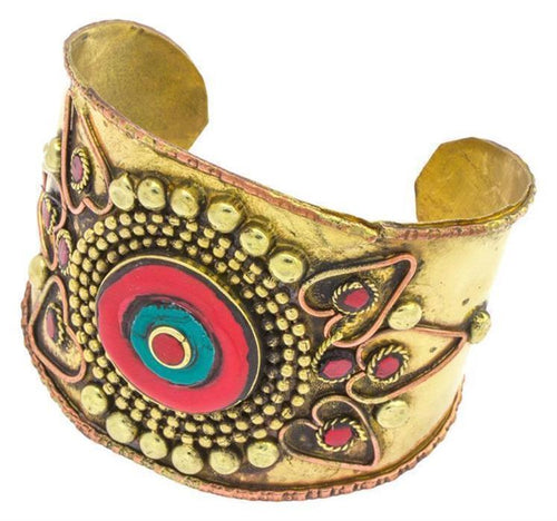 Messing Armreif gold Herz Kreis rot Jaspis grün Malachit breit nickelfrei verstellbar antik Tribal - chic - net.de