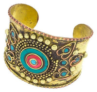 Load image into Gallery viewer, Messing Armreif gold Raute Herz Kreis grün Malachit rot Jaspis breit nickelfrei verstellbar antik - chic - net.de
