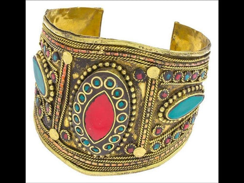 Messing Armreif gold Raute Mandel Seile Türkis Jaspis breit nickelfrei verstellbar antik Tribal - chic - net.de