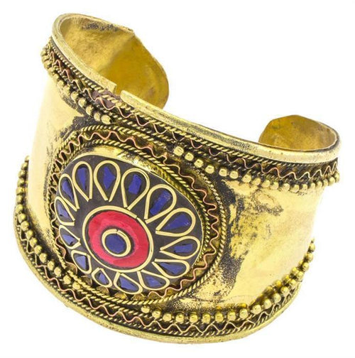 Messing Armreif gold Raute Wellen blau Lapis rot Jaspis Stein breit nickelfrei verstellbar antik - chic - net.de