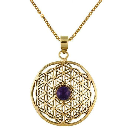 Messing Brass Anhänger Amethyst Blume des Lebens antik golden Kette nickelfrei Tribal Schmuck - chic - net.de