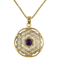 Cargar imagen en el visor de la galería, Messing Brass Anhänger Amethyst Blume des Lebens antik golden Kette nickelfrei Tribal Schmuck - chic - net.de
