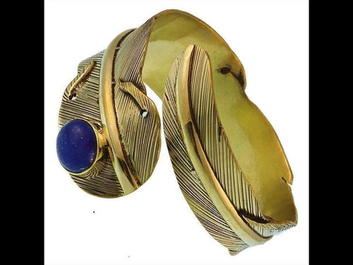 Messing gold Armreif Feder breit oxidiert oval Lapis nickelfrei verstellbar antik Tribal Schmuck - chic - net.de