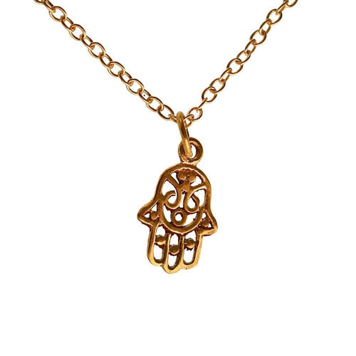 Messing golden Anhänger Khamsa Hand 17 mm verziert mit Kette Karabiner - chic - net.de