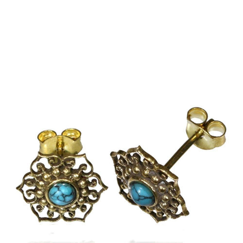 Messing Ohrstecker antik golden Türkis Inlay Blume Punkte Kreis Schnörkel - chic - net.de