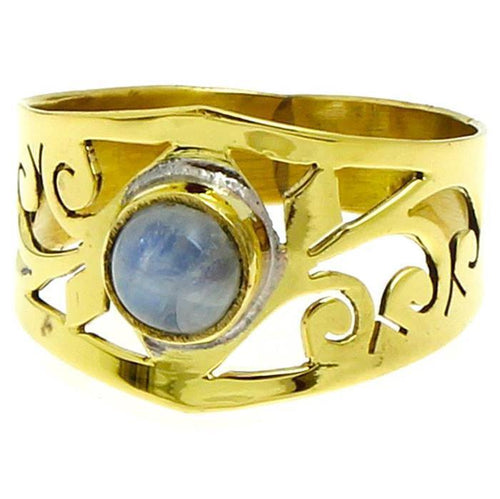 Messing Ringe Mondstein rund weiß Spiralen 14 mm Raute antik golden nickelfrei Tribal - chic - net.de