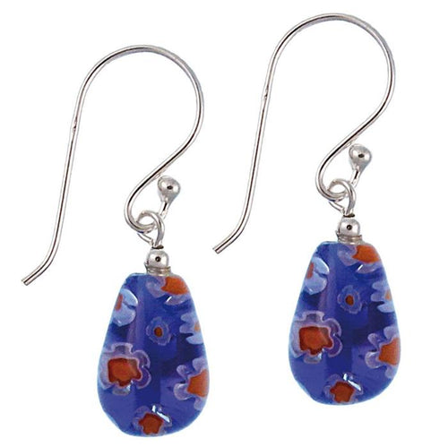 Muranoglas Kugel 11 mm Ohrringe blau mit roten Blumen Glas Silber 925er Sterling - chic - net.de