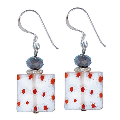 Muranoglas orange weiß eckig Ohrringe Blütenmuster 925 Sterling Silber Perle Scheibe - chic - net.de