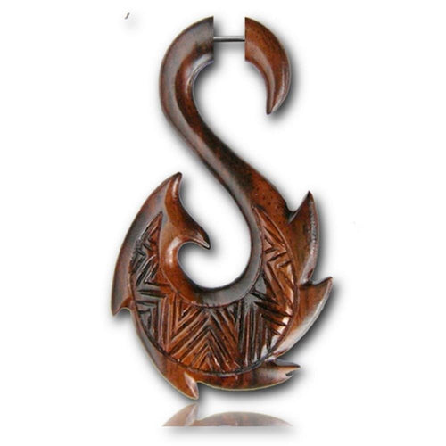 Narra Holz Tribal Fake Piercing Maori S - Form Zacken Säge braun Edelstahl 1 mm Expander - chic - net.de