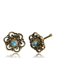Load image into Gallery viewer, Gerader Nasenstecker (oder Tragus) Türkis golden Blümchen Brass 8 mm lang
