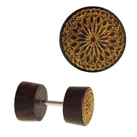 Load image into Gallery viewer, Fake Holz Plug Piercing Edelstahl Gravur teils golden verschiedene Motive
