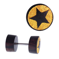 Load image into Gallery viewer, Fake Holz Plug Piercing Edelstahl Gravur teils golden verschiedene Motive
