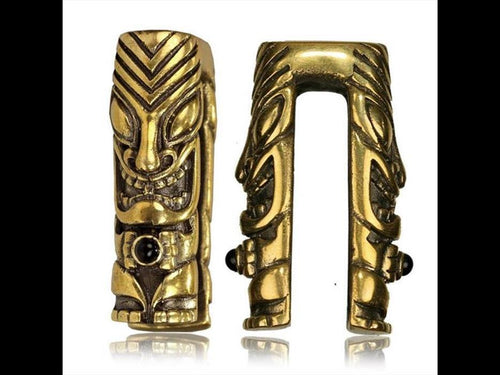 Ohrgewichte Piercing Tiki Skulptur U - Form Brass antik golden Onyx 28 g - chic - net.de