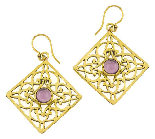 Ohrringe Amethyst Karo Ornamente glänzend Messing antik golden Tribal 40 mm - chic - net.de