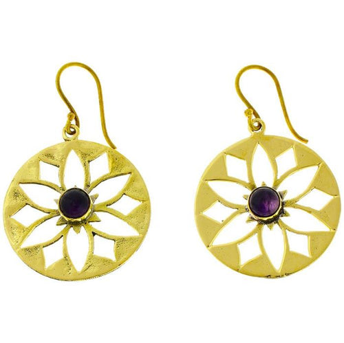Ohrringe Blume Amethyst glänzend Messing antik golden Tribal Ohrhänger nickelfrei Schmuck Brass - chic - net.de