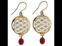 Cargar imagen en el visor de la galería, Ohrringe Blume des Lebens rund Granat rot Stein Messing antik golden nickelfrei Tribal Brass - chic - net.de
