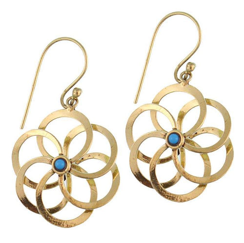 Ohrringe Blume glänzend spiralig Türkis blau Messing antik golden Tribal Ohrhänger - chic - net.de