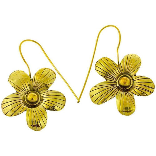 Ohrringe Blume Rillen dunkel Messing Brass antik golden Tribal Ohrhänger nickelfrei Piercing - chic - net.de