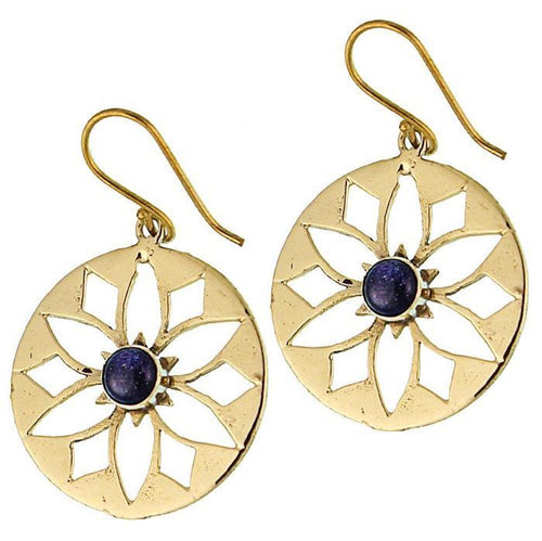 Ohrringe Blume Sandstein blau glänzend Messing Brass antik golden Ohrhänger nickelfrei Tribal - chic - net.de