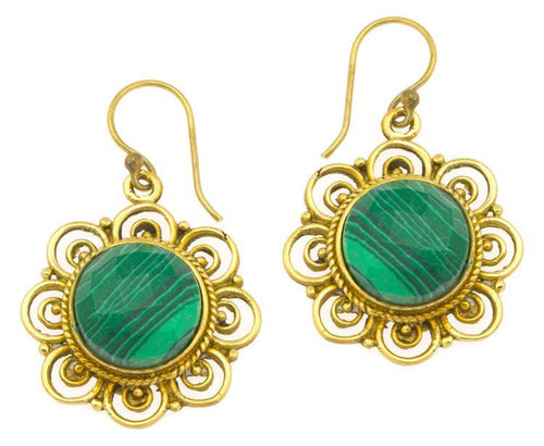 Ohrringe grün Malachit facettiert Blume Bögen Messing antik golden Tribal 25 mm - chic - net.de