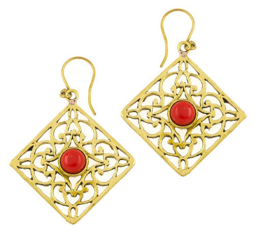 Ohrringe Jaspis Karo Ornamente glänzend Messing antik golden Tribal 40 mm - chic - net.de