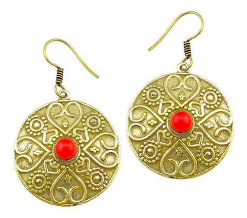 Ohrringe Jaspis Stein Herz Kreis Dreiecke Messing Ohrhänger rot nickelfrei antik golden Tribal Brass - chic - net.de