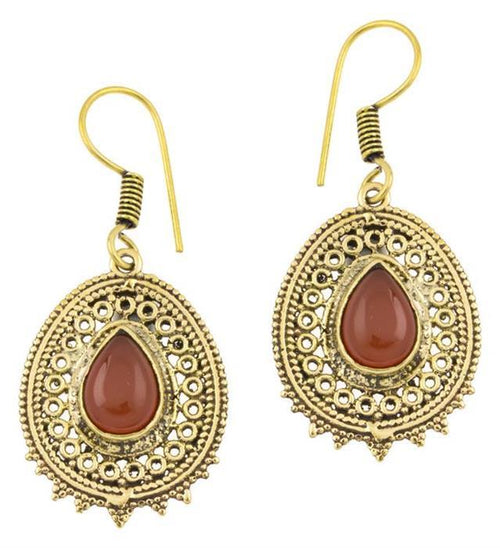 Ohrringe Karneol Tropfen oval Zacken Kreise Messing antik golden Tribal - chic - net.de