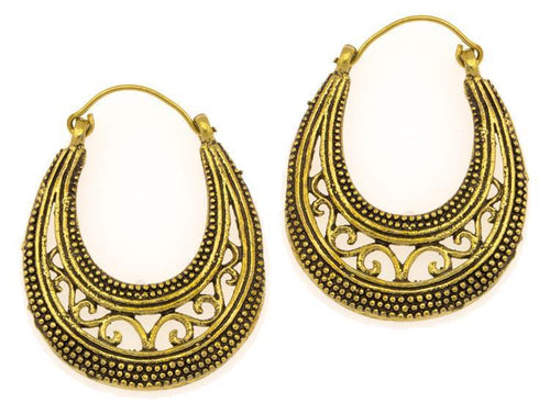 Ohrringe langgezogen Sichel Punkte Bögen Messing Brass antik golden Tribal Schmuck - chic - net.de