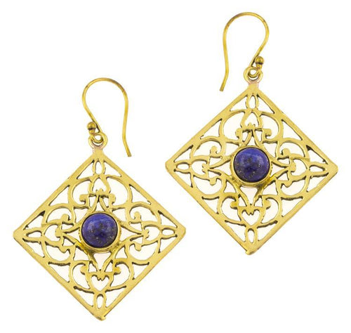 Ohrringe Lapis Karo Ornamente glänzend Messing antik golden Tribal 40 mm - chic - net.de