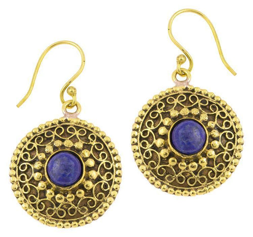 Ohrringe Lapis Lazuli Kreise rund Spiralbögen Messing antik golden Tribal 22 mm - chic - net.de