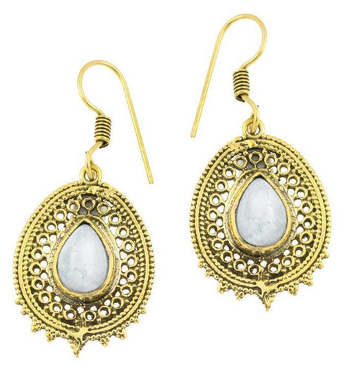 Ohrringe Mondstein Tropfen oval Zacken Kreise Messing antik golden Tribal - chic - net.de