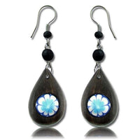 Load image into Gallery viewer, Ohrringe Narra Holz Murmel blau bunt Tropfen dick Edelstahl Perlen Ohrhänger Tribal - chic - net.de
