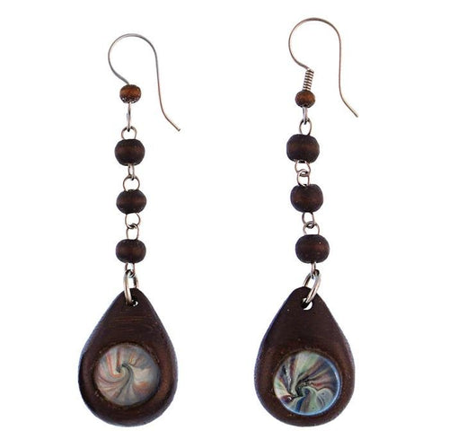 Ohrringe Narra Holz Murmel blau bunt Tropfen dick Edelstahl Perlen Ohrhänger Tribal - chic - net.de