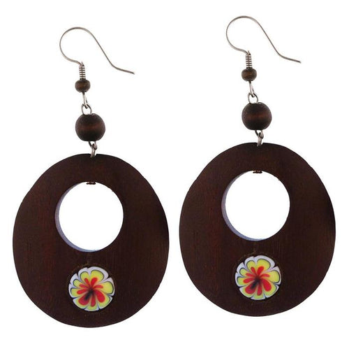 Ohrringe Narra Holz Murmel Blume rot gelb oval Loch Edelstahl schwarz Perlen Ohrhänger Tribal - chic - net.de