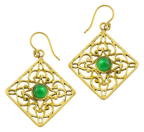 Ohrringe Onyx grün Karo Ornamente glänzend Messing antik golden Tribal 40 mm - chic - net.de