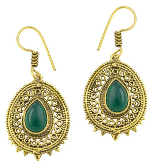 Ohrringe Onyx grün Tropfen oval Zacken Kreise Messing antik golden Tribal - chic - net.de