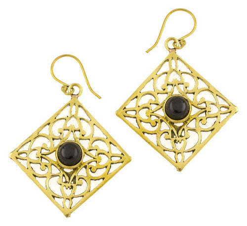 Ohrringe Onyx Karo Ornamente glänzend Messing antik golden Tribal 40 mm - chic - net.de