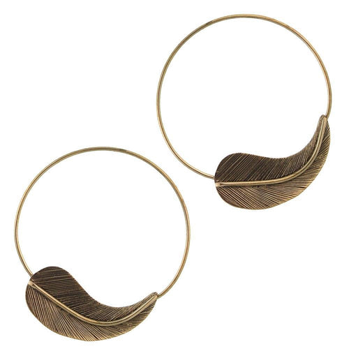 Ohrringe Ring groß mit Feder aus Messing Brass antik golden Tribal Schmuck Piercing - chic - net.de