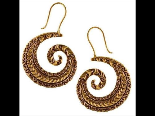 Ohrringe Spirale Zacken Muster Messing antik golden Ohrhänger Tribal Piercing Schmuck Brass - chic - net.de