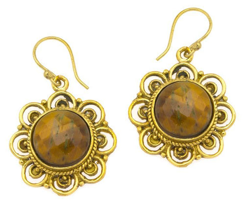 Ohrringe Tigerauge facettiert Blume Bögen Messing antik golden Tribal 25 mm - chic - net.de