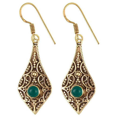 Ohrringe Tropfen spitz Bögen Onyx grün Messing antik golden nickelfrei Ohrhänger Tribal Brass - chic - net.de