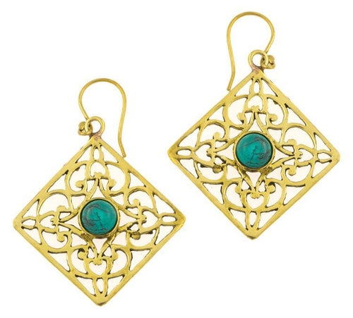 Ohrringe Türkis Karo Ornamente glänzend Messing antik golden Tribal 40 mm - chic - net.de