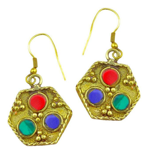 Ohrringe Wabe Steine rund bunt Ohrhänger Messing antik golden nickelfrei Tribal Brass - chic - net.de