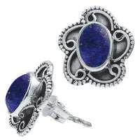 Load image into Gallery viewer, Ohrstecker blau Stein Lapis oval, silber Rand Blume verschnörkelt Ohrringe 925er Sterlingsilber - chic - net.de
