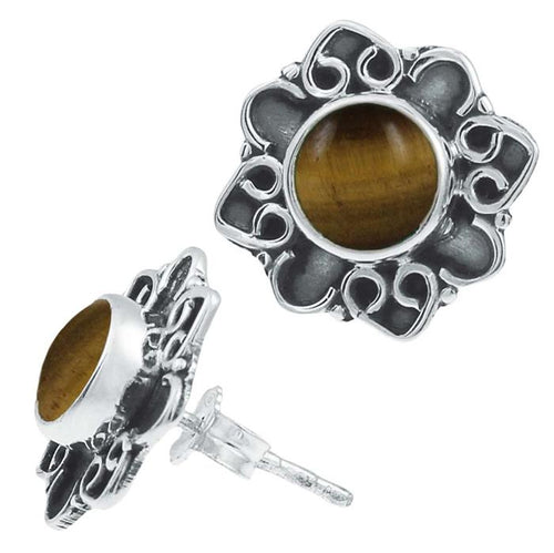 Ohrstecker braun Stein Tigerauge rund, silber Rand Blume verschnörkelt Herz 925er Sterlingsilber - chic - net.de