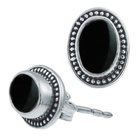 Cargar imagen en el visor de la galería, Ohrstecker schwarz Stein Onyx oval Rand Zopfmuster 925 Sterlingsilber - chic - net.de
